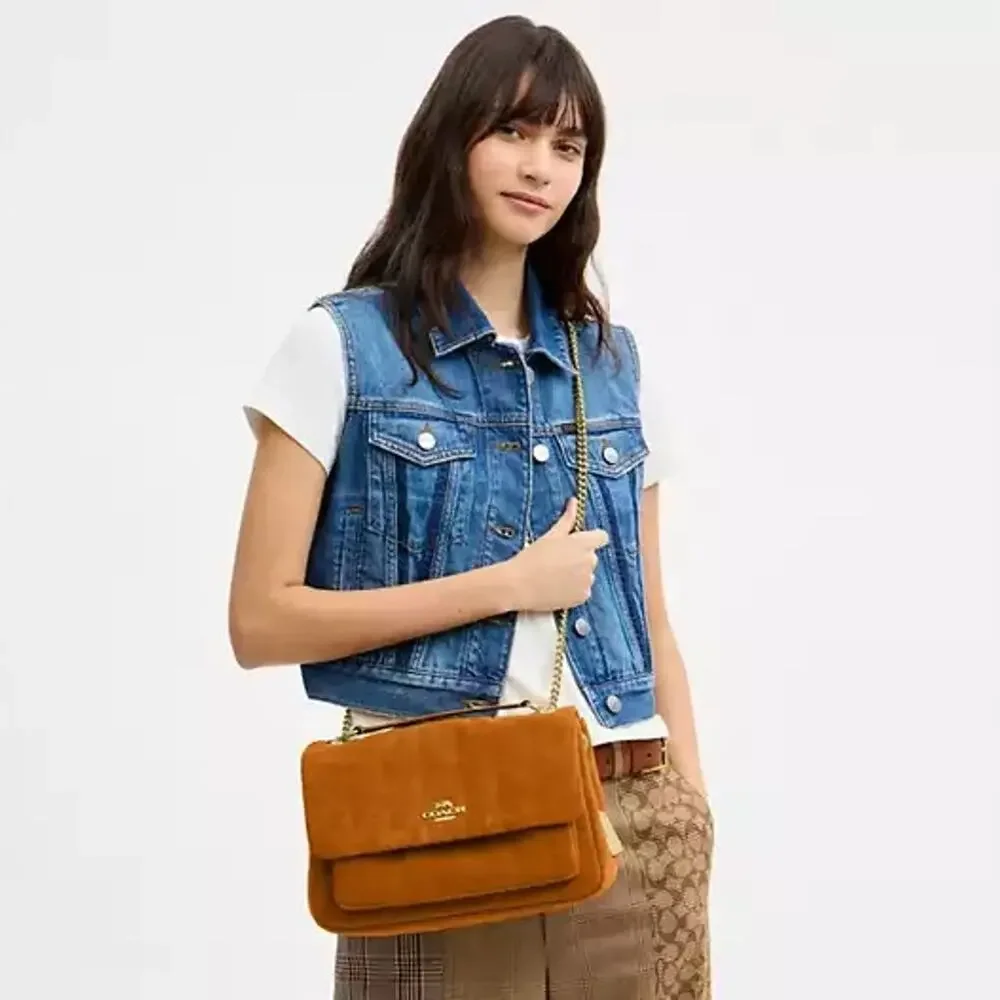 NEW‼️Coach Elodie Crossbody Bag With Quilting  CET34 suede/Gold/Marigold